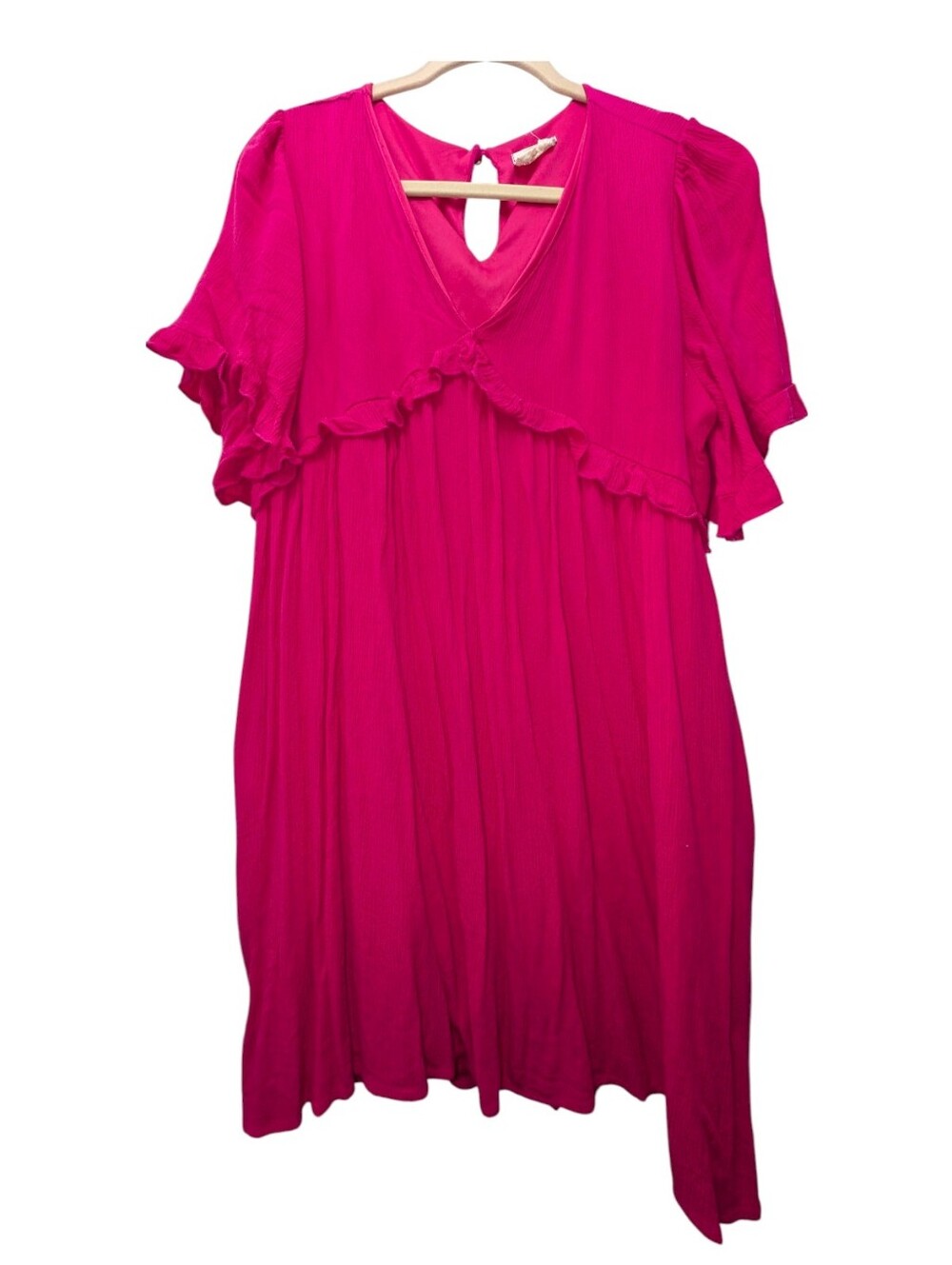 Fuchsia Ruffle Babydoll Maternity Dress Pockets Size Large Boho Flutter Sleeve